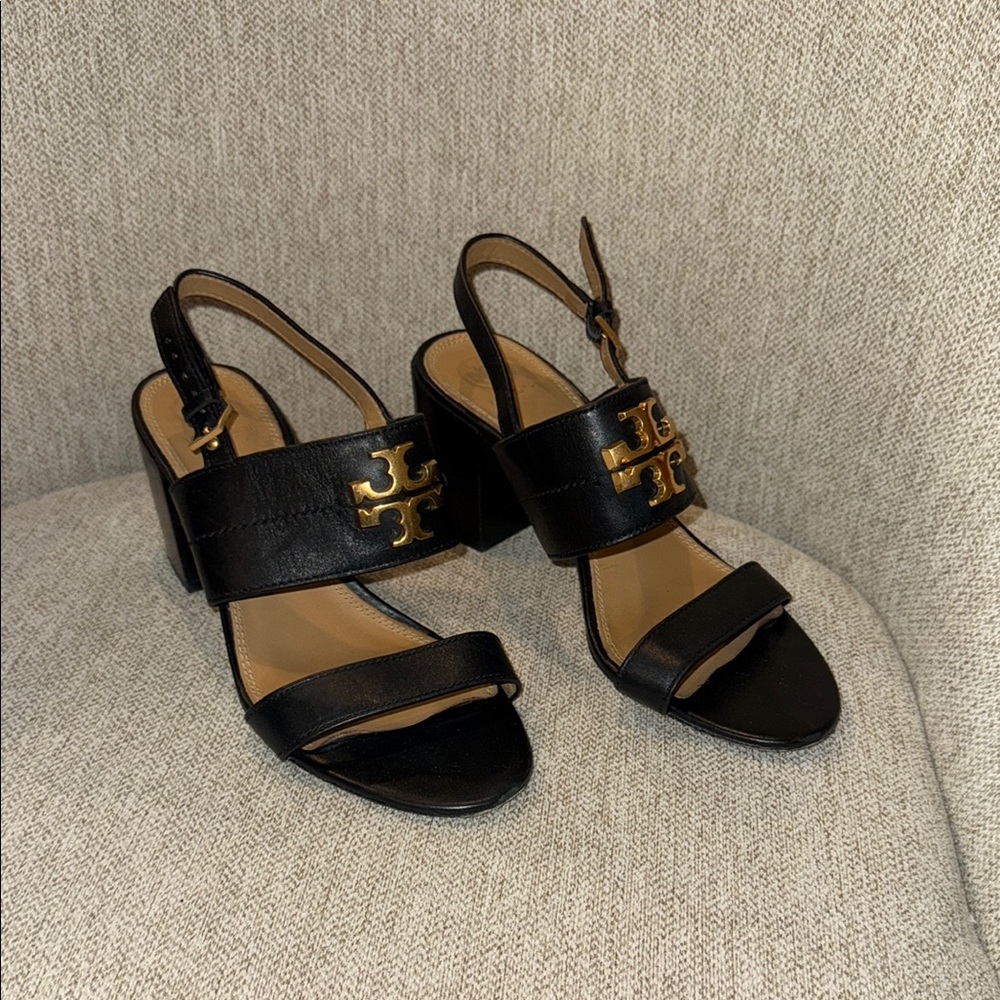 Tory Burch Black Sandals with Gold Accents